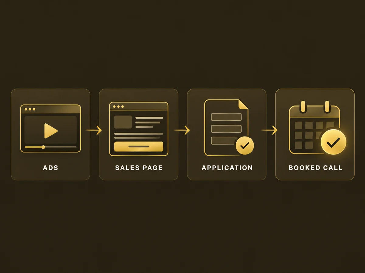 Ads lead to a sales page, then an application, then a booked call