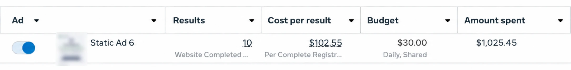 Meta Ads Manager: Static Ad 6, 10 website completed registrations at $102.55 per result, $1,025.45 spent. Ad creative blurred.